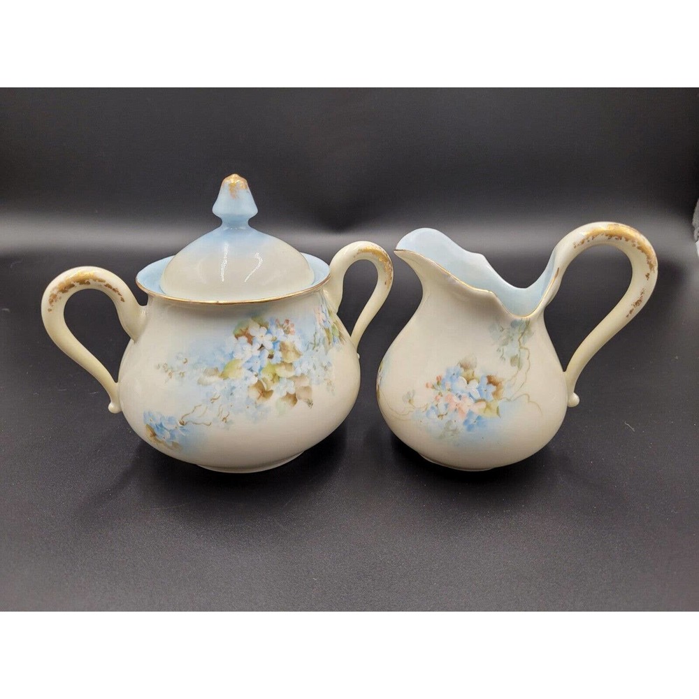 VTG Cream Sugar Set Hand painted Forget Me Nots Floral Porcelain Ceramic Blue